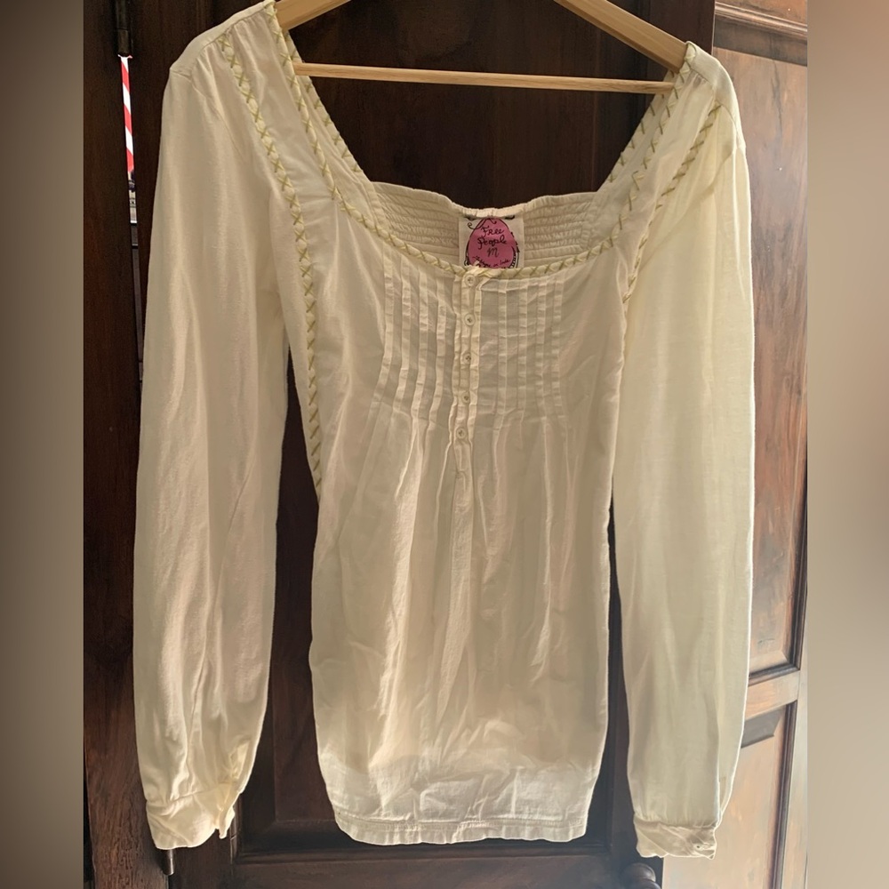 Free People White Square Neck Bishop Sleeve Blouse